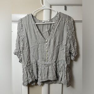 Madewell Blue and White V-Neck Flutter Sleeve Blouse